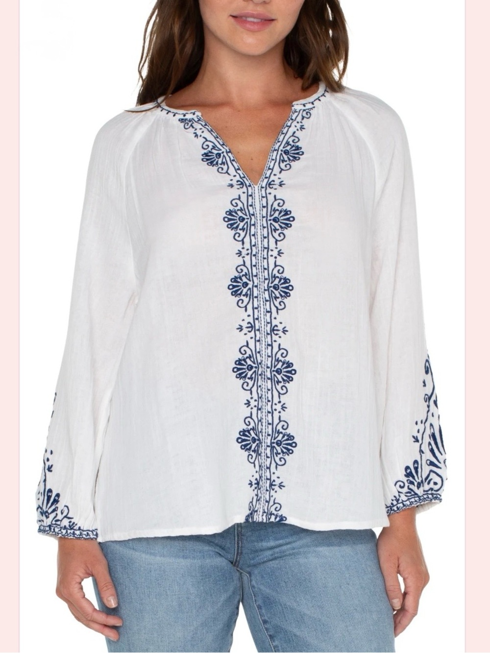 Liverpool Los Angeles Embroidered Split Neck Cotton Blouse XL NWT White Blue